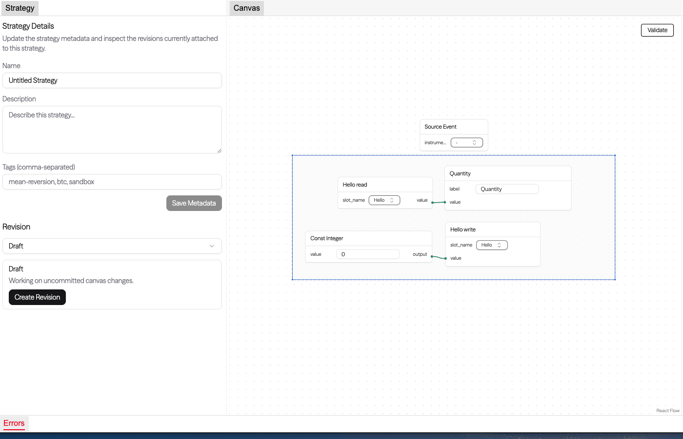 A graph validation error shown in the strategy editor.