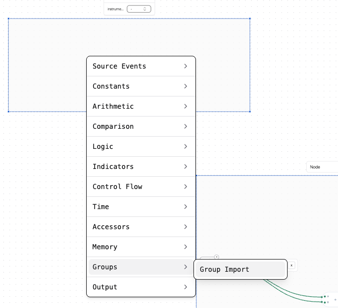 Placing a group import from the context menu inside a source event container or another group definition.