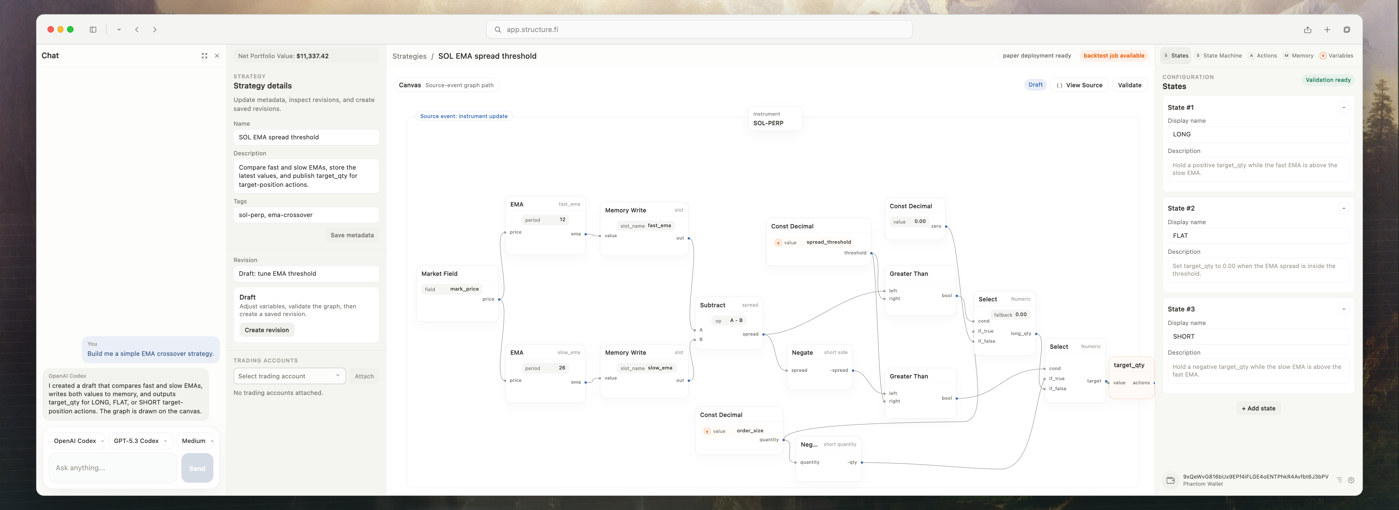 Strategy revision view with a chat panel on the far left, details on the left, graph in the center, and settings panes on the right.