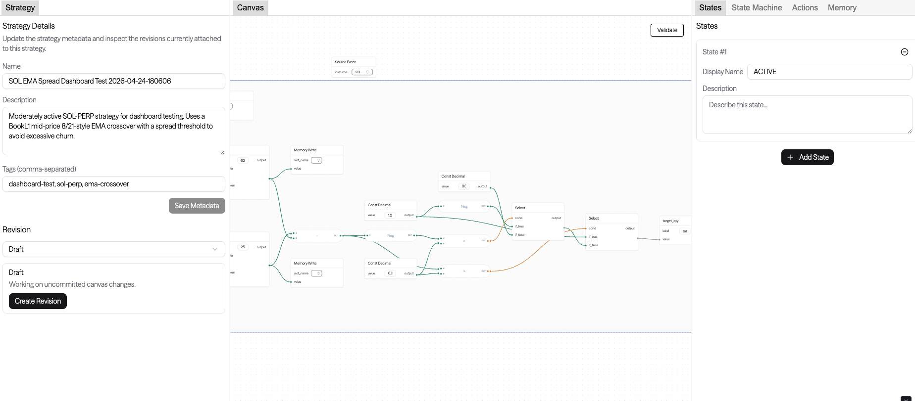 Strategy revision view with details on the left, graph in the center, and panes on the right.