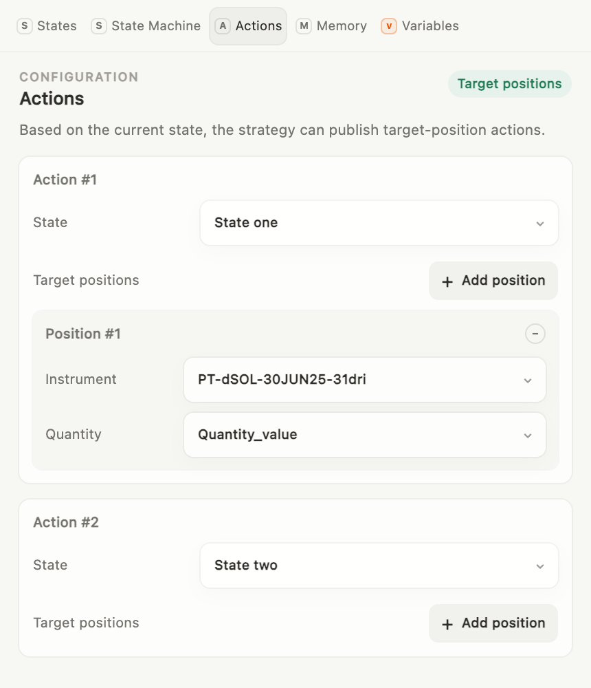 The Actions pane using a target position value produced by the graph.